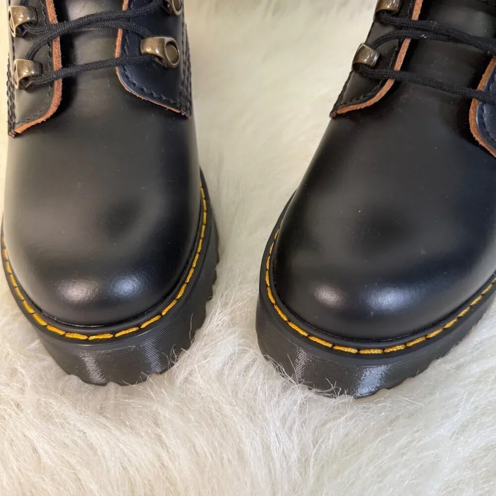 Dr. Martens Leona Platform Ankle Boots Size 6 Black Smooth Leather Heeled Boots